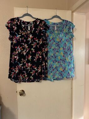 Black Floral V-Neck and light blue Ruffle Sleeve Blouse bundle of two